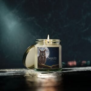 Sagacity Scented Candle - Coconut Apricot Wax (4oz, 9oz) - Owl & Moon Design for Relaxation
