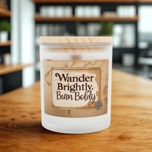 Wander Brightly Candle - 11oz Frosted Glass with Wooden Lid - Inspirational Home Decor